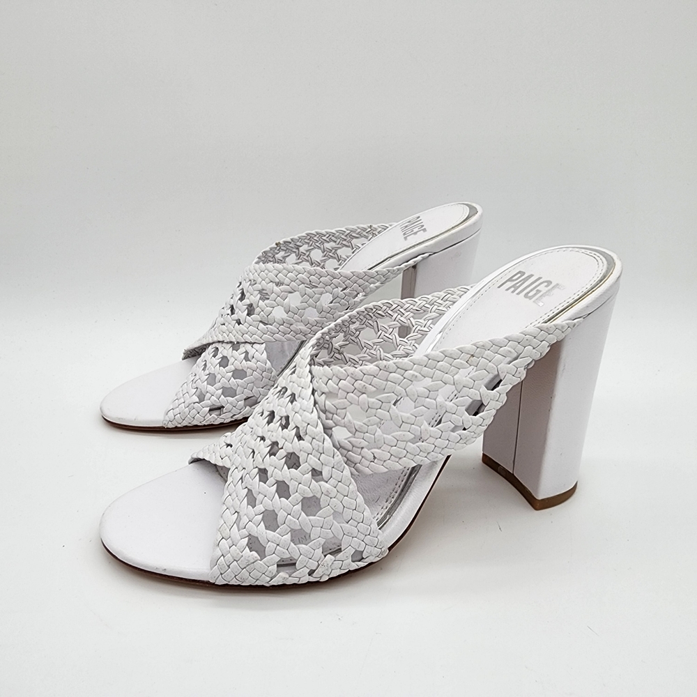 PAIGE Noel Woven Leather Mules Sandals White Block Heel Size 7 NEW